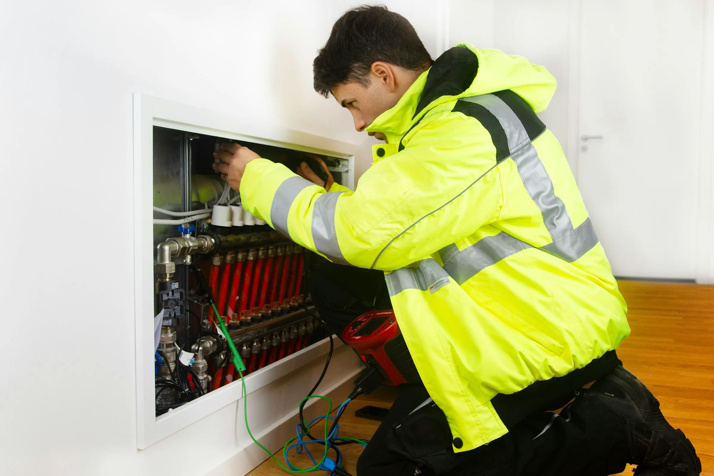 Technicien en veste haute visibilité contrôlant un collecteur de chauffage